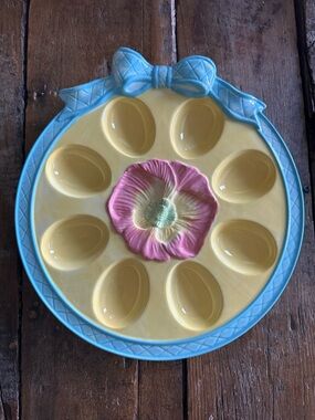 Ceramic Deviled Egg Platter with Flower Center and bow accents